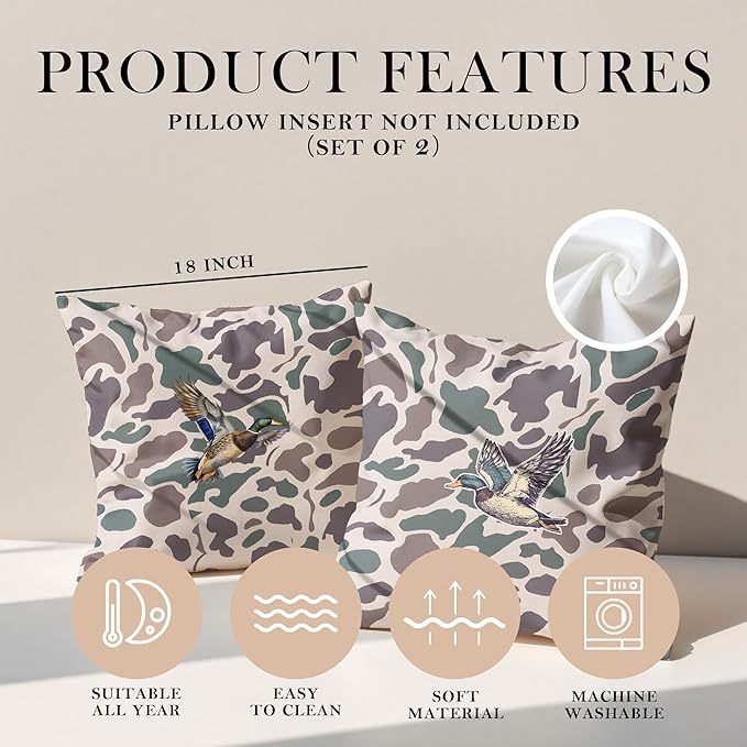 Vintage Camo Mallard Duck Throw Pillow Covers 18x18 Set of 2, Duck Hunting Pillowcase, Camouflage Farm Animal Decorative Pillow Covers
