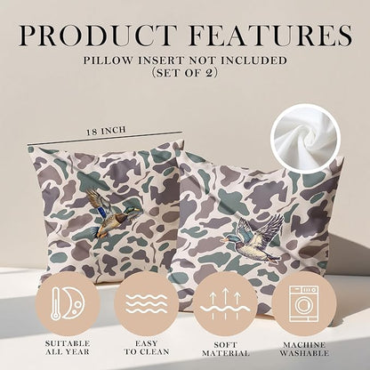 Vintage Camo Mallard Duck Throw Pillow Covers 18x18 Set of 2, Duck Hunting Pillowcase, Camouflage Farm Animal Decorative Pillow Covers