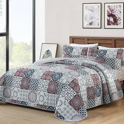 Dobuyly Patchwork Quilt Set King Size Boho Plaid Bedspread Red Grey Quilt Coverlet Set, 3 Pieces Soft Microfiber Lightweight Farmhouse Summer Bedding Set for All Seasons 110"x90"