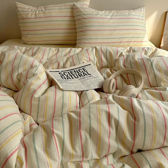 EAVD Vintage Colorful Striped Comforter Set King Soft Cotton 3-Piece Retro Vertical Striped Bedding Set with 2 Pillowcases Boho Geometric Comforter Set for All-Season(Pink&Yellow&Blue, King)