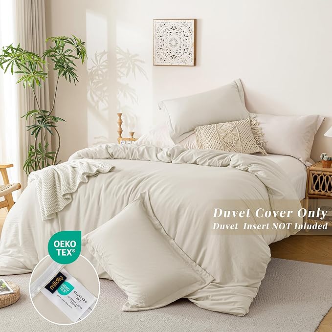 MILDLY Super Soft Duvet Cover 2pcs - 100% Washed Microfiber Beige Comforter Cover Set with Zipper Closure & Corner Ties (No Comforter)