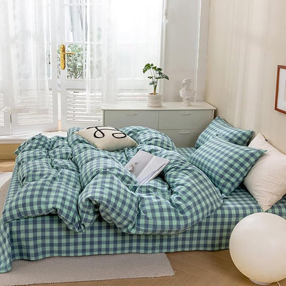 VM VOUGEMARKET Green Gingham Comforter Set Queen,Plaid Comforter with 2 Pillowcases for All Seasons,3 Pcs Modern Simple Grid Bedding Set for Men Women