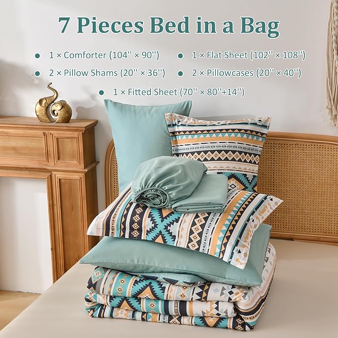 Dinjoy Boho King Size Bed in A Bag 7 Pieces,Turquoise Orange Comforter Set Aztec Striped Bedding Set Bohemian Complete Set Geometric Spring Comforters for Women Men 90"×104"