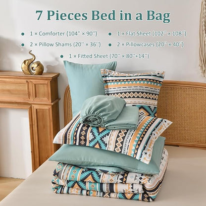 Dinjoy Boho King Size Bed in A Bag 7 Pieces,Turquoise Orange Comforter Set Aztec Striped Bedding Set Bohemian Complete Set Geometric Spring Comforters for Women Men 90"×104"