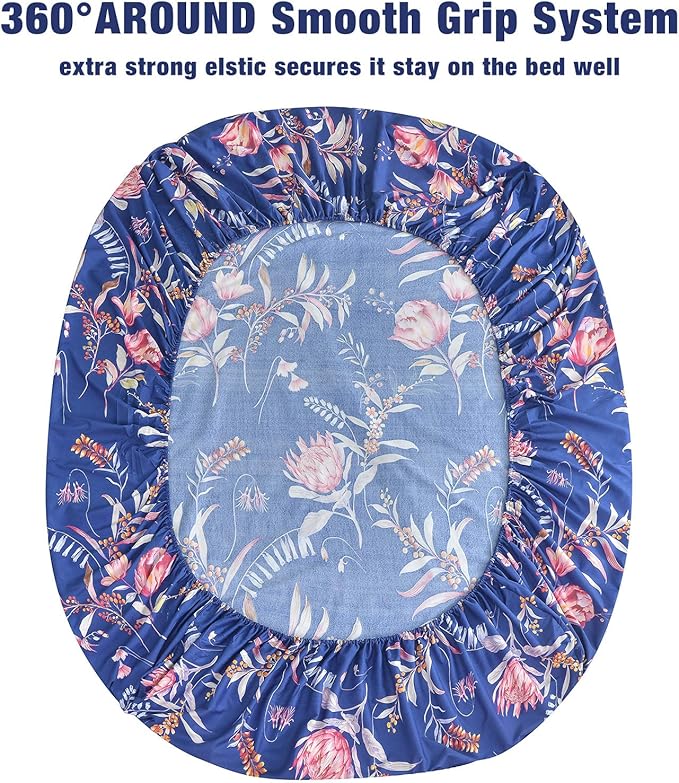 JSD Navy Blue Floral Printed King Sheet Set, 6 Piece Botanical Pattern Microfiber Sheets Extra Deep Pocket