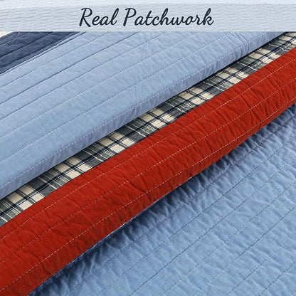 Cozy Line Home Fashions Sailor Navy Striped 100% Cotton Reversible Bedding Quilt Set, Coverlet Bedspread for Boys Kids (Navy/Red, Queen - 3 Piece)