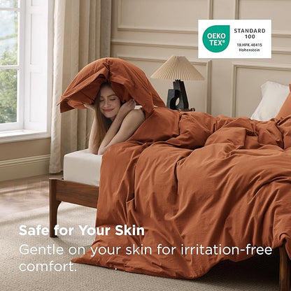 Bedsure 100% Washed Cotton Duvet Cover Queen Size - Burnt Orange Minimalist Bedding Set Linen Like - PureWoven Plain Simple & Soft Comforter Cover for All Seasons (Burnt Orange, Queen, 90"x90")