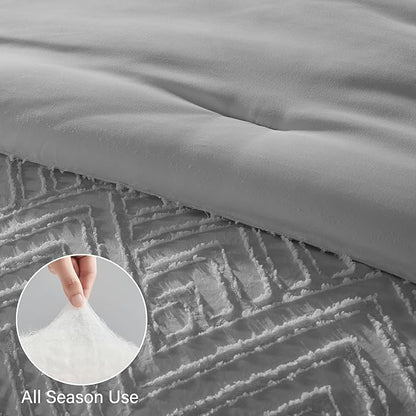 Zzlpp Full Comforter Set 7 Pieces, Light Grey Tufted Bed in a Bag with Comforter and Sheets, All Season Boho Bedding Sets with Comforter, 2 Pillow Shams, 2 Pillowcases, 1 Flat Sheet, 1 Fitted Sheet