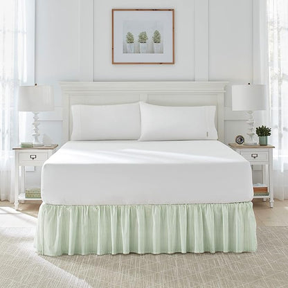Laura Ashley Home - Cotton Ruffled Bedskirt, Lightweight & Classic Style (Ticking Stripe Green, Queen)