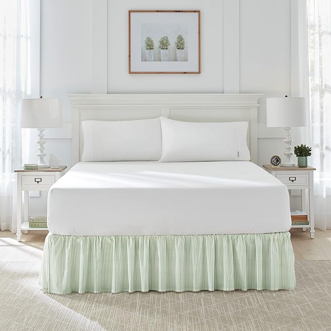 Laura Ashley Home - Cotton Ruffled Bedskirt, Lightweight & Classic Style (Ticking Stripe Green, Full)
