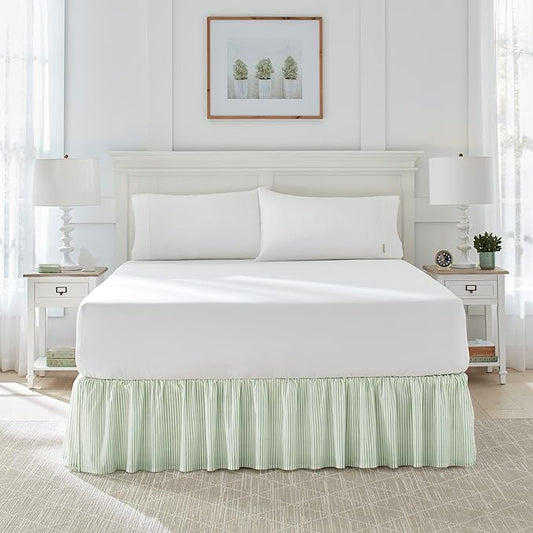 Laura Ashley Home - Twin Bedskirt, Cotton Ruffled Bedding, Smooth & Lightweight, Dorm Essentials, Oeko-Tex Certified (Ticking Stripe Green)