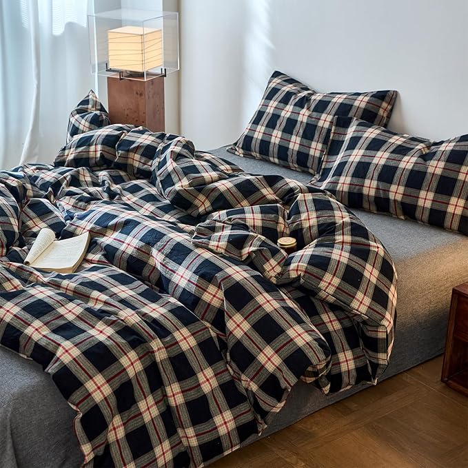 EAVD Vintage Black Plaid Gingham Comforter Set King Soft 100% Washed Cotton Black&Green&Red Grid Checkered Bedding Set with 2 Pillowcases Farmhouse Retro Plaid Comforter Set for All-Season