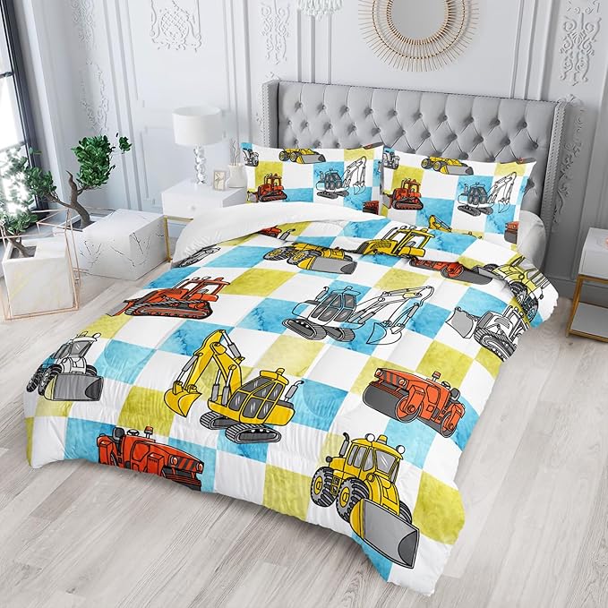 Boy's Construction Truck Comforter Set Twin,Orange,and Yellow Truck 3 Pieces Bedding Set for Kids Boys Teens,Blue and Yellow Plaid Microfiber Lightweight Quilt Bedroom Decor with 2 Pillow Cases