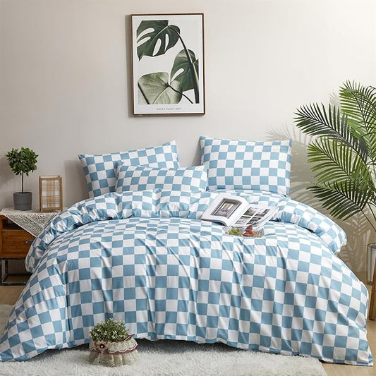 Houseri Plaid Blue and White Comforter Set - Queen Size Light Blue Checkerboard Bedding - Teen Boys Girls Baby Blue Grid Modern Buffalo Checkered Comforter