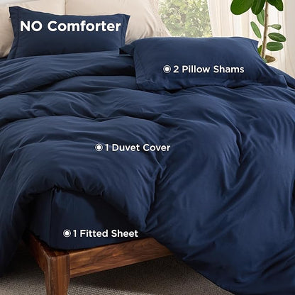Bedsure Duvet Cover with Fitted Sheet Queen - Cooling Deep Pocket, Hotel Luxury Soft Double Brushed Bedding Set with Zipper Closure, 1 Duvet Cover, 1 Fitted Sheet, 2 Pillow Shams, NO Comforter, Blue