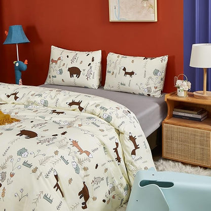 CLOTHKNOW Kids Twin Comforter Set Yellow Animal Bedding Comforter Sets Soft Cartoon Comforter Fox Rabbit Beige Bedding with 2 x Pillow Cases