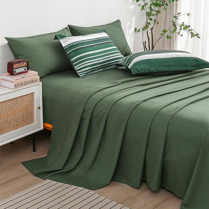 KAKIJUMN 5 Piece Bed in a Bag Stripe Comforter Set Twin Size, White Grey Green Patchwork Striped Comforter and Sheet Set, All Season Soft Microfiber Complete Bedding Sets(Dark Green,Twin)