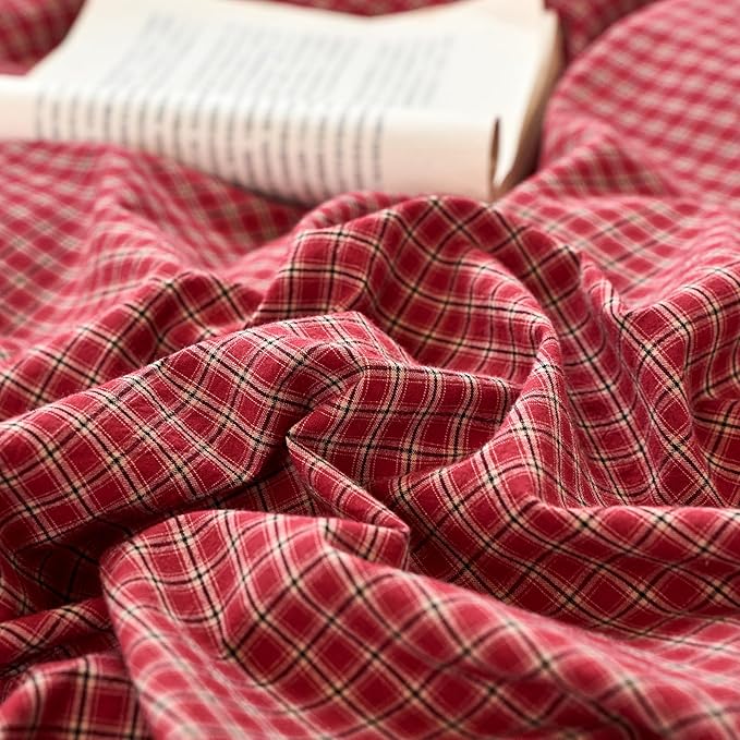 Gingham Full Size Duvet Cover Red Washed Cotton Comforter Cover Full Size Plaid Checkered Boho Zipper Duvet Cover Set with 2 Pillow Cases Farmhouse Girls Bedding Set Pattern Duvet Protector