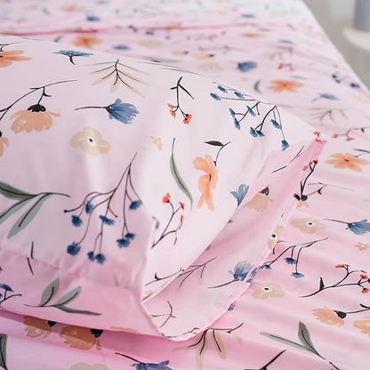 Pink Queen Sheets Set Flower Bed Sheets 4 Piece - Pink Botanical Patterned Sheets Microfiber Bedding Decor - Breathable & Durable Queen Sheet Set Up to16 Inches Deep Pocket Queen Bed Sheets