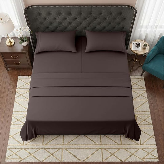 Elegant Comfort Luxurious 1500 Premium Hotel Quality Microfiber Three Line Embroidered Softest 5-Piece Bed Sheet Set, Wrinkle and Fade Resistant, Split King, Chocolate Brown