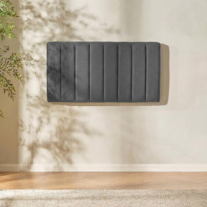 Hearth & Harbor Wall Mounted Twin Headboard Only, Bed Headboard Twin Size | Easy Assemble, Floating Peel and Stick, Upholstered, Channel Stitched, 3D Wall Panels, 5 Strips of 3M Tape Included, Grey