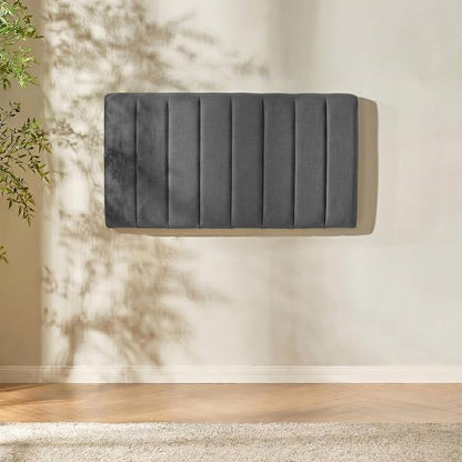 Hearth & Harbor Wall Mounted Twin Headboard Only, Bed Headboard Twin Size | Easy Assemble, Floating Peel and Stick, Upholstered, Channel Stitched, 3D Wall Panels, 5 Strips of 3M Tape Included, Grey