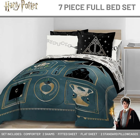 Jay Franco Kids Comforter Set Includes Sheets and Pillow Covers - Soft and Cozy Bed Set for Stylish Room Decor, Blue - Harry Potter, 7 Piece Full Size Bedding