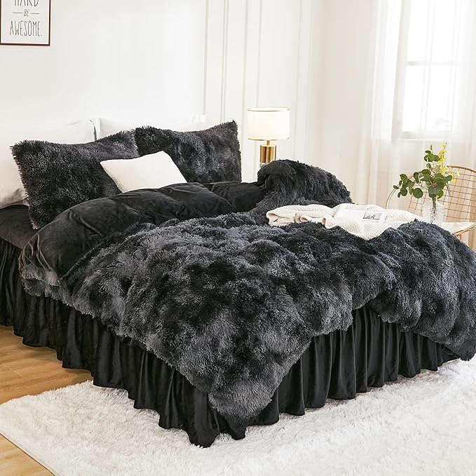 Andency Faux Fur Tie-Dyed Black Grey Comforter Set Full Size, 3 Pieces Fluffy Fuzzy Plush Bedding Comforter Set (1 Shaggy Velvet Comforter & 2 Pillowcases), Soft Puffy Down Comforter Bedding Set