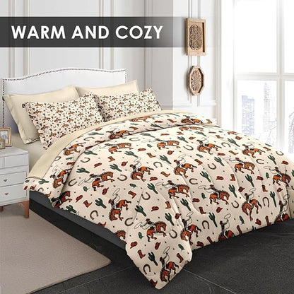 Comforter Set Full Size, Western Cactus Cowboy Vintage 7 Pcs Bedding for Kids and Adults, Boho Retro Cowgirl Bed Sheet Sets with Fitted Sheet 2 Pillowcases & 2 Shams for Bedroom Bed Decor