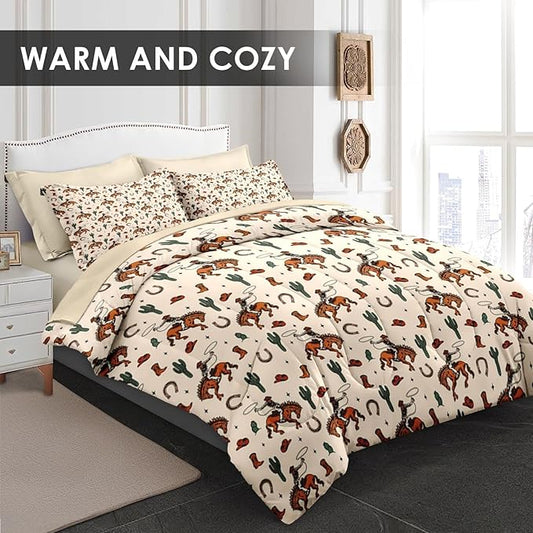 Comforter Set Queen Size, Western Cactus Cowboy 7 Pcs Bedding for Kids and Adults, Boho Retro Cowgirl Bed Sheet Sets with Fitted Sheet 2 Pillowcases & 2 Shams for Bedroom Bed Decor