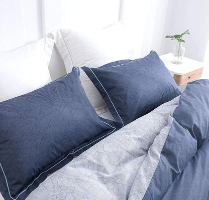 SLEEPBELLA Duvet Cover Queen Size, 600 Thread Count Cotton Navy & Grey Printed with Luxurious Blue Leaves Pattern Reversible Botanical Comforter Cover Sets, Bedding Set 3Pcs (Queen, Navy-Blue Leaves)