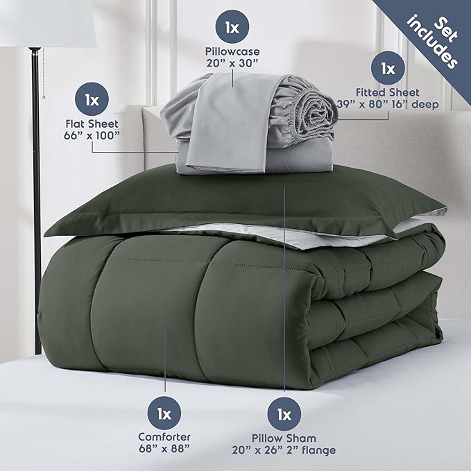 Nestl 5 Piece Twin XL Comforter Set – Olive Green Reversible Bed in a Bag – Complete Twin XL Size Bedding Set with Sheets, Pillowcase and Sham