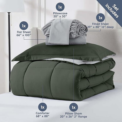 Nestl 5 Piece Twin XL Comforter Set – Olive Green Reversible Bed in a Bag – Complete Twin XL Size Bedding Set with Sheets, Pillowcase and Sham