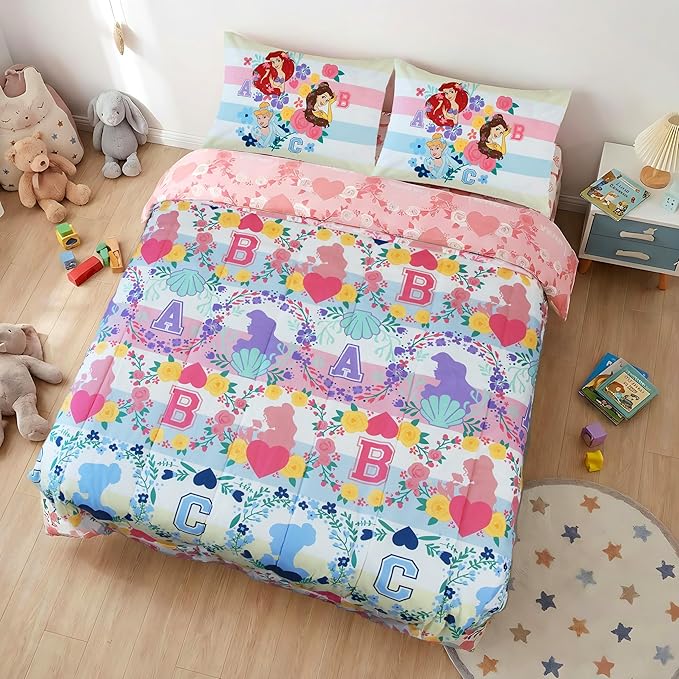 Northwest Disney Princess Full Size Comforter Set, 5 Piece Reversible Design Ultra Soft Fade Resistant Microfiber Kids Bedding Set, Officially Licensed