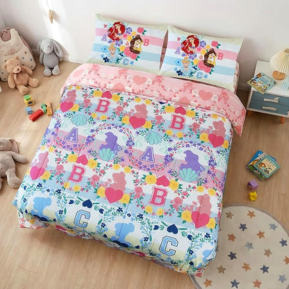 Northwest Disney Princess Full Size Comforter Set, 5 Piece Reversible Design Ultra Soft Fade Resistant Microfiber Kids Bedding Set, Officially Licensed