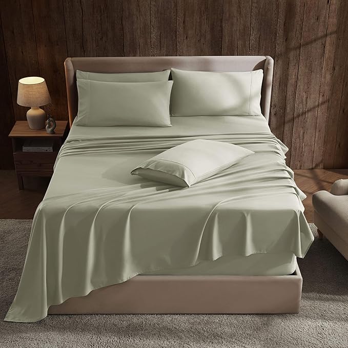Hearth & Harbor Extra Deep Pocket Sheet Sets, Luxury Soft 6 Piece Bed Sheet Set Fits Mattress 18-24 Inches - Split King Size, Sage Green New