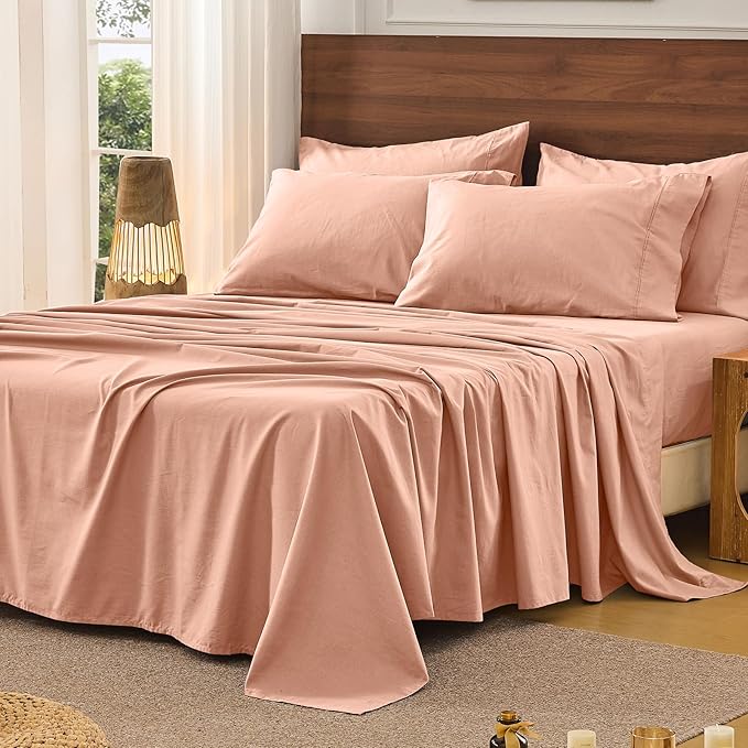 Bedlifes 100% French Pure Linen Sheets California King Size Breathable and Cooling Flax Sheet Set Soft Durable and Moisture Wicking 16 Inch Deep Pocket-4 Piece(Cal King,Blush Pink)