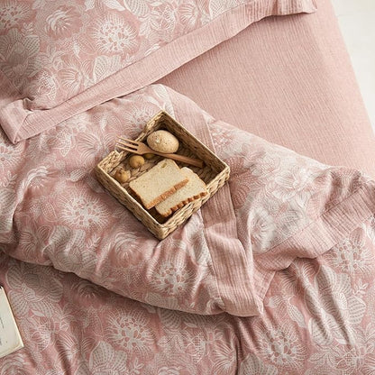 mixinni Duvet Cover King, Premium Cotton Double-Layer Yarn Pink Floral Jacquard Comforter Cover with Edge Design, Farmhouse Bedding Set with 2 Pillowcases Perfect for Him and Her-King Size