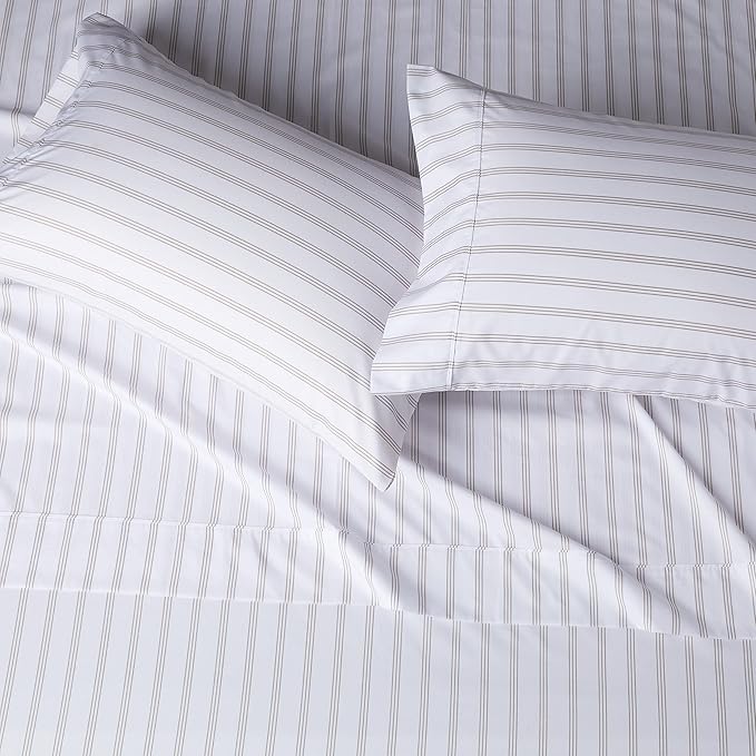 Amazon Basics Lightweight Breathable Brushed Microfiber 4-Piece Bed Sheet Set,Wrinkle Resistant with 14-Inch Deep Pockets,Queen,Taupe Stripe,(Pack of 4)