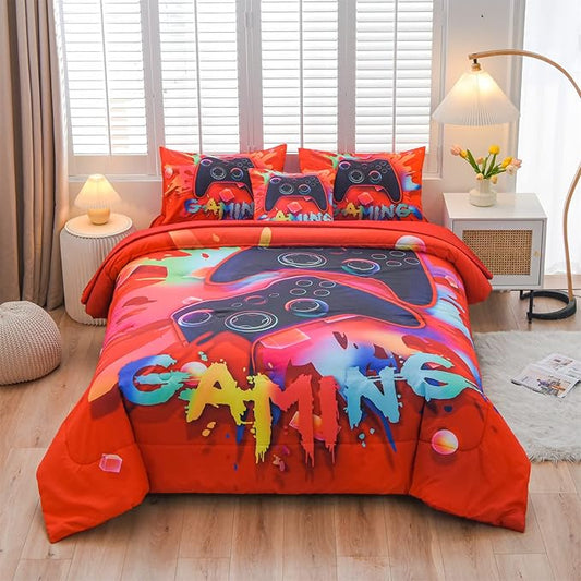 Aimuan Gamer Gaming Bedding Sets 3D Gamepad Comforter Sets for Boys Games Console Action Buttons Novelty Colorful Game Controller Modern Room Decor Home Quilt Set (Red, Full 6PCS)