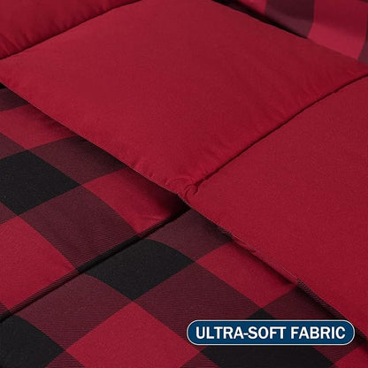 downluxe Lightweight Plaid Comforter Set (Queen) with 2 Pillow Shams - 3-Piece Set - Red/Black Plaid - Down Alternative Reversible Comforter