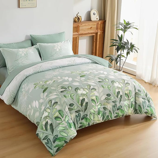 Anibedding Sage Green King Size Comforter Set, 7 Piece Botanical Gradient Leaves Ultra Soft Microfiber Down Alternative Bedding Set with Sheets Pillowcase for All Season