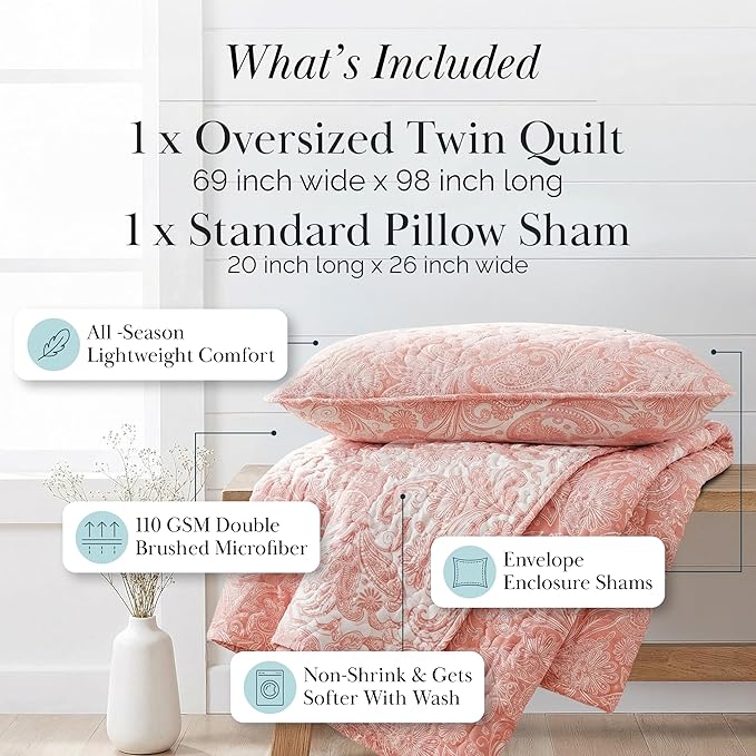 Southshore Fine Living, Inc. Twin XL Quilt Bedding Set, Boho Coverlet, Reversible Quilt, All Season 2-Piece Set with One Matching Quilted Pillow Sham, All Season Twin/XL Bedspreads for Adult, Coral