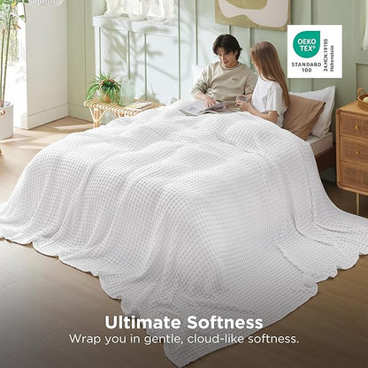 Bedsure Cooling Cotton Waffle Oversized King Blanket - Lightweight Breathable Blankets Rayon Derived from Bamboo for Hot Sleepers, Luxury Throws for Bed and Sofa, White, 120x96 Inches