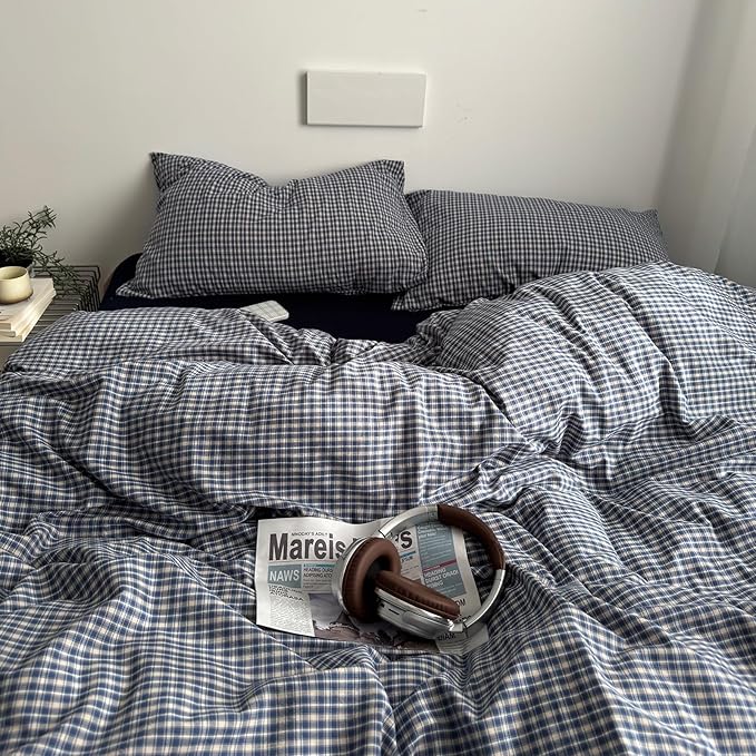 EAVD Vintage Blue Plaid Gingham Duvet Cover King Soft 100% Washed Cotton Reversible Grid Plaid Checkered Gingham Bedding Set with 2 Pillowcases Farmhouse Blue Plaid Duvet Cover with Zipper