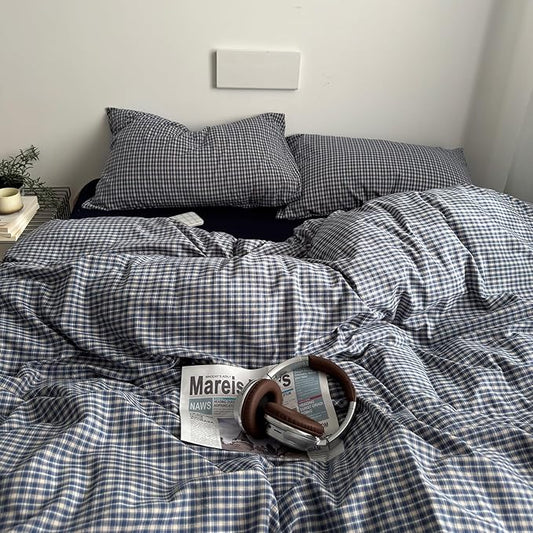 EAVD Vintage Blue Plaid Gingham Duvet Cover Queen Soft 100% Washed Cotton Reversible Grid Plaid Checkered Gingham Bedding Set with 2 Pillowcases Farmhouse Blue Plaid Duvet Cover with Zipper