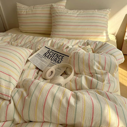 EAVD Colorful Striped Duvet Cover Full Soft 100% Cotton Vintage Pink Green Yellow Stripes Printed Bedding Set with 2 Pillowcases Retro Reversible Geometric Comforter Cover with Zipper Corner Ties