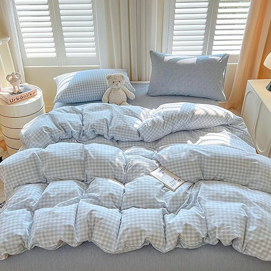 BOLINLIVING Gingham King Comforter Set 3 Pieces, Soft Breathable Bed in a Bag King Size, Light Blue White Checkered Plaid Bedding Set for All Season, 1 Comforter & 2 Pillowcases