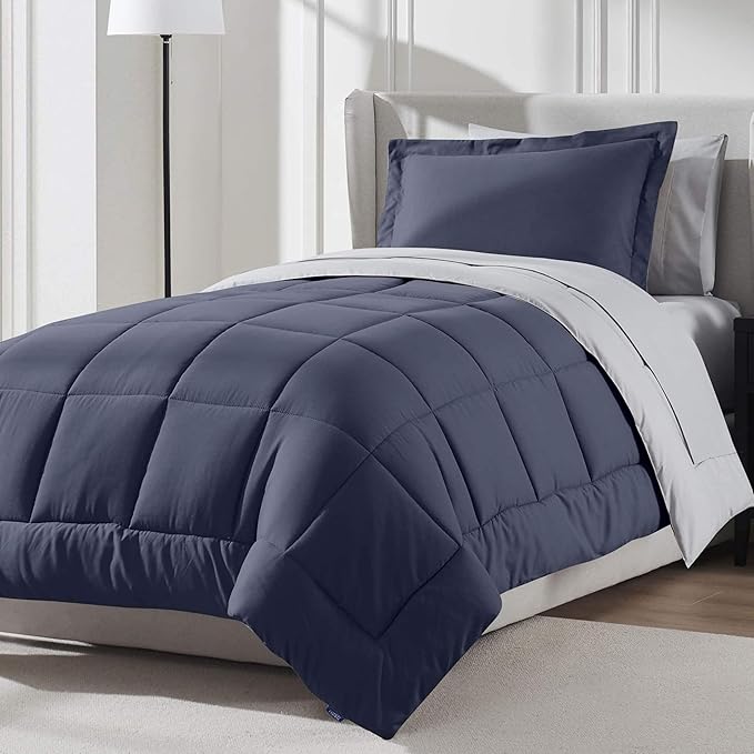 Nestl 5 Piece Twin Comforter Set – Navy Reversible Bed in a Bag – Complete Twin Size Bedding Set with Sheets, Pillowcase and Sham