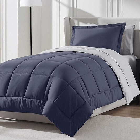 Nestl 5 Piece Twin Comforter Set – Navy Reversible Bed in a Bag – Complete Twin Size Bedding Set with Sheets, Pillowcase and Sham